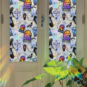 Halloween window film static cling stained glass sticker spooky raven tombstone decals