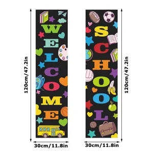 Back to school welcome banners set, classroom decoration posters with colorful school elements.