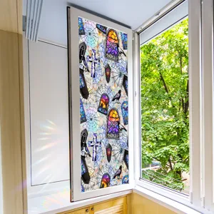 Halloween stained glass window film with spooky bat spider web tombstone gothic decor for home