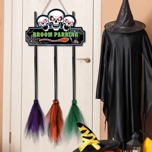 Halloween witch broom parking sign wooden hanging decoration party props door decor