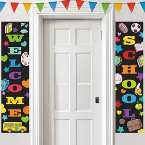 Back to school door banner decoration set, colorful classroom hanging flags sign poster.