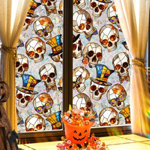 Halloween stained glass skull window sticker static cling for holiday home decor display.