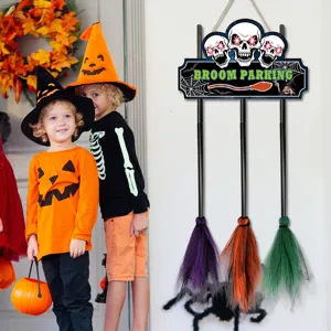 Halloween witch broom parking sign wooden hanging decoration for scary party prop detail