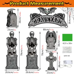 Halloween skeleton tombstone trunk or treat decor set with LED string lights and dimensions.