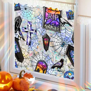 Halloween window sticker stained glass static cling spooky raven web RIP tombstones decor.