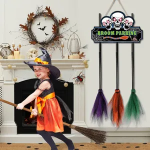 Halloween wooden door sign with broom parking design and three miniature broomsticks hanging.