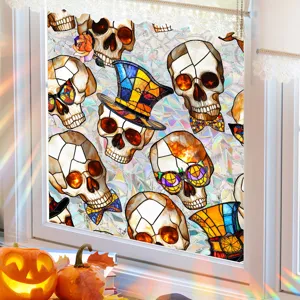 Halloween stained glass skull window film static cling decorative sticker for home glass.