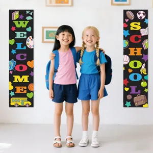 Back to school classroom decoration banners featuring colorful educational designs and cute kids.