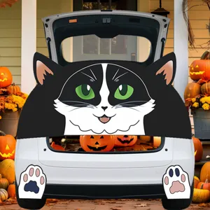 Gedetailleerd overzicht Halloween kat kofferbak sticker, PVC stof, feestelijke deco.