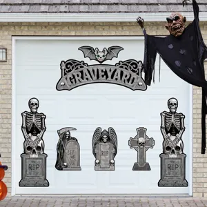 Halloween garage door decoration set with scary skeletons tombstones bats for holiday party use.
