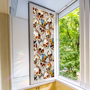 Halloween stained glass window film with colorful skull pattern, static cling privacy glass sticker.