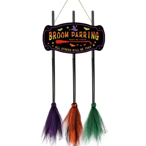 Halloween witch broom parking sign wooden hanging decor with colorful mini brooms for party.
