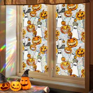 Halloween window film static cling decorative glass sticker with spooky pumpkin ghost design.