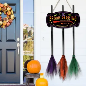 Halloween witch broom parking wooden hanging sign detail, perfect festive door decor item.