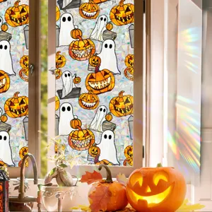 Halloween window film static cling sticker featuring spooky ghosts and pumpkins for home decor.