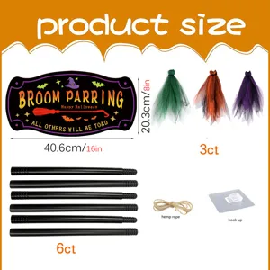 Halloween Witch Broom Parking Sign Wood Hanging Pendant Set with Decorative Tassels Poles