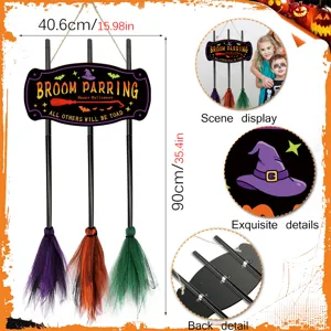 Halloween witch broom hanging sign detail view, wooden holiday party decoration close up.