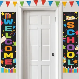 Back to school door banner decoration, colorful letters and school elements for classroom use.