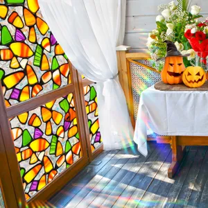 Detailed view of colorful Halloween window film showcasing vibrant mosaic design and light effects.