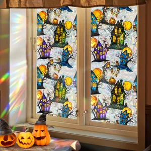 Halloween window sticker stained glass static cling spooky castle pumpkin home decor