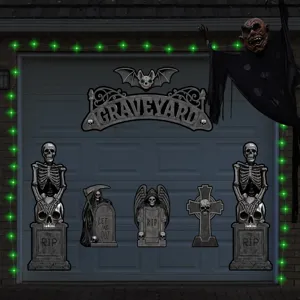 Halloween garage door decoration set with spooky skeletons, tombstones and graveyard signs.