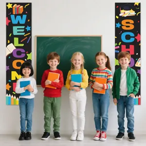 Back to school classroom decoration banners set with welcome school print design for teachers.