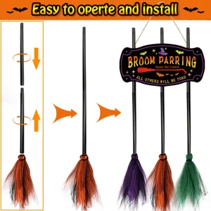 Halloween witch broom hanging decoration detail with easy assembly steps and decorative wooden sign.