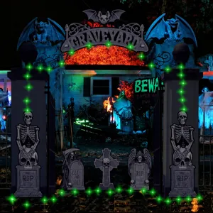 Halloween skeleton archway decoration set with LED lights grave markers for garage party yard.