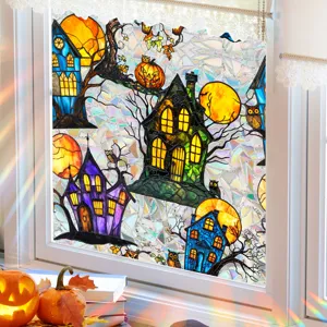 Halloween stained glass window film featuring decorative pumpkin castle glass sticker.
