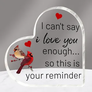 Transparant acryl hart ornament met romantische tekst voor valentsdag cadeau en decoratie.