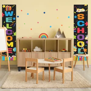 Back to school classroom decorative banners set, colorful welcome and school hanging signs.