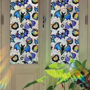 Halloween stained glass window film, bat and cauldron design, static cling sticker for home decor.