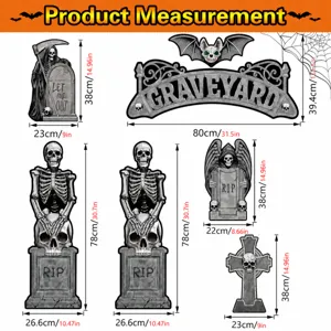 Halloween car trunk skeleton tombstone decoration set with size measurement chart details.
