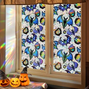 Halloween stained glass window film bat cauldron static cling home decor glass sticker.