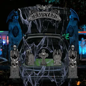 Halloween car trunk decoration set with spooky skeletons tombstones and graveyard signs