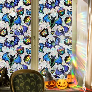 Halloween static window glass sticker with colorful stained glass bat and cauldron for festival home decor.