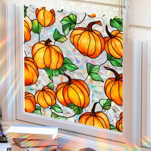 Halloween pumpkin window film static cling stained glass decorative sticker for home privacy.
