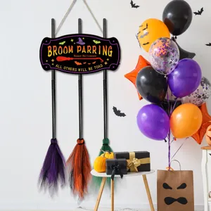 Halloween witch broom parking sign hanging decor with mini brooms for party festival ornament.