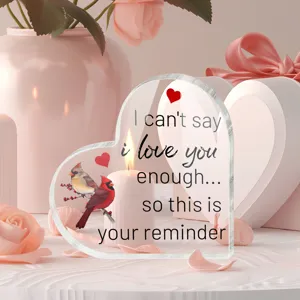 Acryl hart ornament, Valentijnsdag romantisch cadeau, heldere plaquette met liefdesquote en vogels.