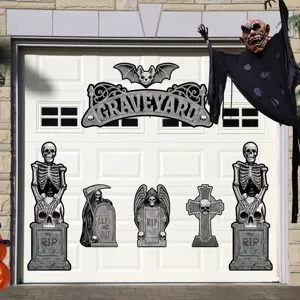 Halloween garage door decoration set with skeleton tombstones and scary graveyard sign.