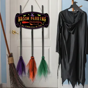 Halloween witch broom parking sign wooden hanging decoration holiday party spooky decor prop