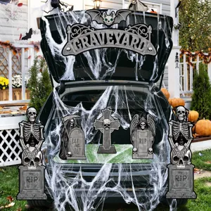 Halloween trunk or treat car decoration set with skeleton tombstones and spider webs.