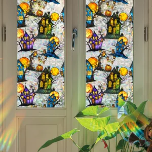 Halloween window film static sticker with castle pumpkin pattern for holiday home decor.