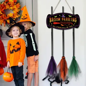 Halloween Witch Broom Parking Sign Wooden Hanging Door Pendant Party Holiday Decoration