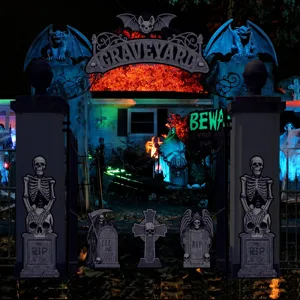 Halloween decoration set with skeleton tombstone and arch for garage car trunk display party.