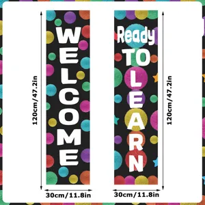 Back to school classroom decoration banner set featuring colorful pom poms and welcome text.