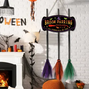 Halloween witch broom parking sign wall hanging decor with three colorful broomsticks plaque