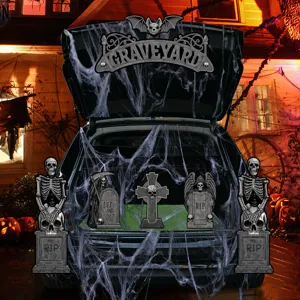 Halloween car trunk decoration set with skeleton tombstones and spider webs for party.
