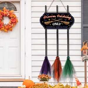 Halloween witch broom parking sign wooden hanging decor with colorful broomsticks prop.