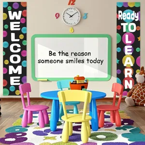 Detailed view of the colorful back-to-school classroom decoration banners with polka dots.